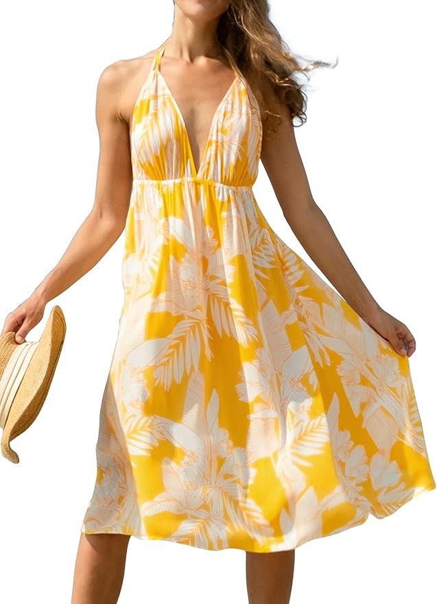 CUPSHE Women Sexy Backless Tropical Halter Dress at Amazon Women’s