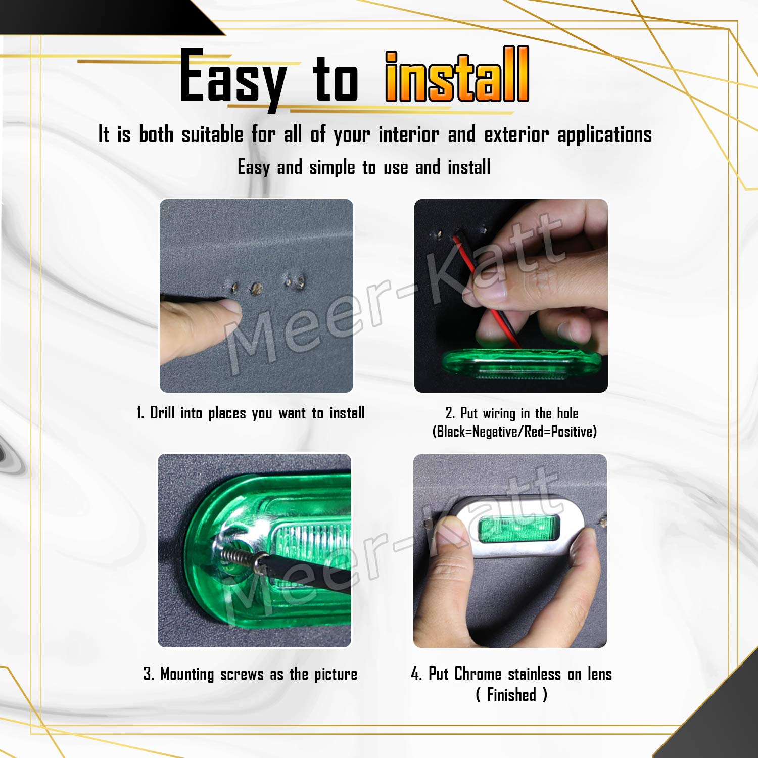 Meerkatt (Pack of 10) 3 Inch Oblong Amber LED Marine Courtesy Light Sealed Flush Mount Clearance Lamp for Yacht Stair Deck Garden Boat RV Cabin Truck Waterproof 12V DC with Chrome Stainless Bezel UV12