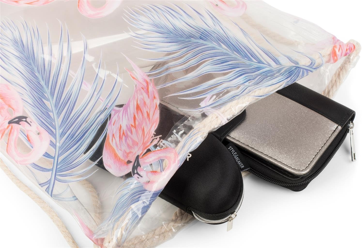 styleBREAKER transparent gym bag with flamingo and palm print, waterproof, sports bag, rucksack, bag, unisex 02012250, color:Pink-Blue - Image 4