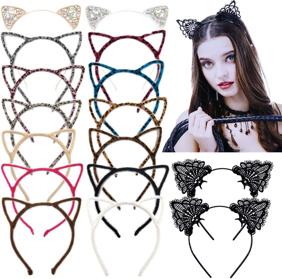 16PCS Cat Ears Headband, MOAMUN Rhinestone Cat Hairbands Sexy Lace Cat Ears Hair Bands Party Cosplay Headwear, Fluffy Hair Hoops Cat Hair Accessories for Women Girls Party Supplies Decoration
