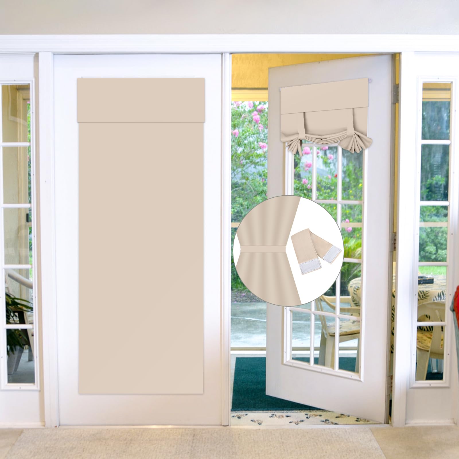 Maritown Blackout Door Curtains,French Door Blinds Stick On Curtains for Privacy and Light Control,Thermal Blackout Curtains Front Door Curtain Tie up Shade,No Drilling Easy Install(1 Panel,Beige)