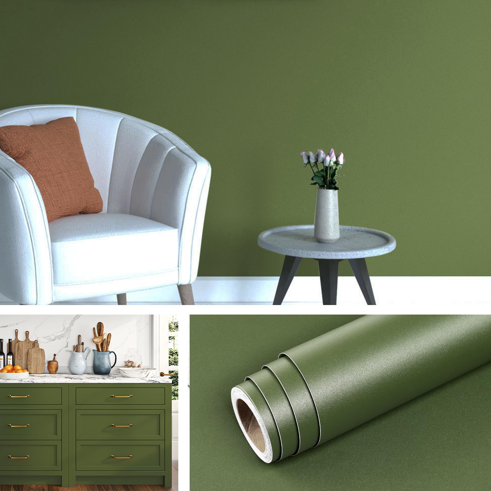 Livelynine Peel and Stick Wallpaper Olive Green 40CMx5M Vinyl Wrap for Kitchen Cupboards Green Matt Waterproof Sticky Back Plastic Roll Solid Color Green Wall Paper for Living Room Bathroom Wall