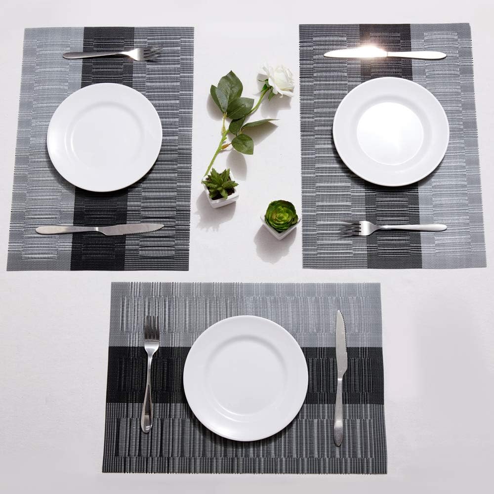 DOLOPL Placemat Placemats Waterproof Black and Gray Placemats Set of 6 Woven Vinyl Laminated Table Mat Easy to Clean Heat Resistant Wipeable Spring Placemats for Dining Table: Home & Kitchen