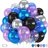 Froova Black Blue and Purple Balloons, 12 Inch Blue Purple Black Balloon | Metallic Silver Confetti Balloons for Kids Boys Outer Space Astronaut Halloween Birthday Video Game Party Decorations
