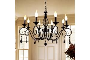 Ganeed Chandeliers,8-Light French Country Crystal Candle Chandelier,Industrial Black Vintage Pendant Light Fixture Hanging Li
