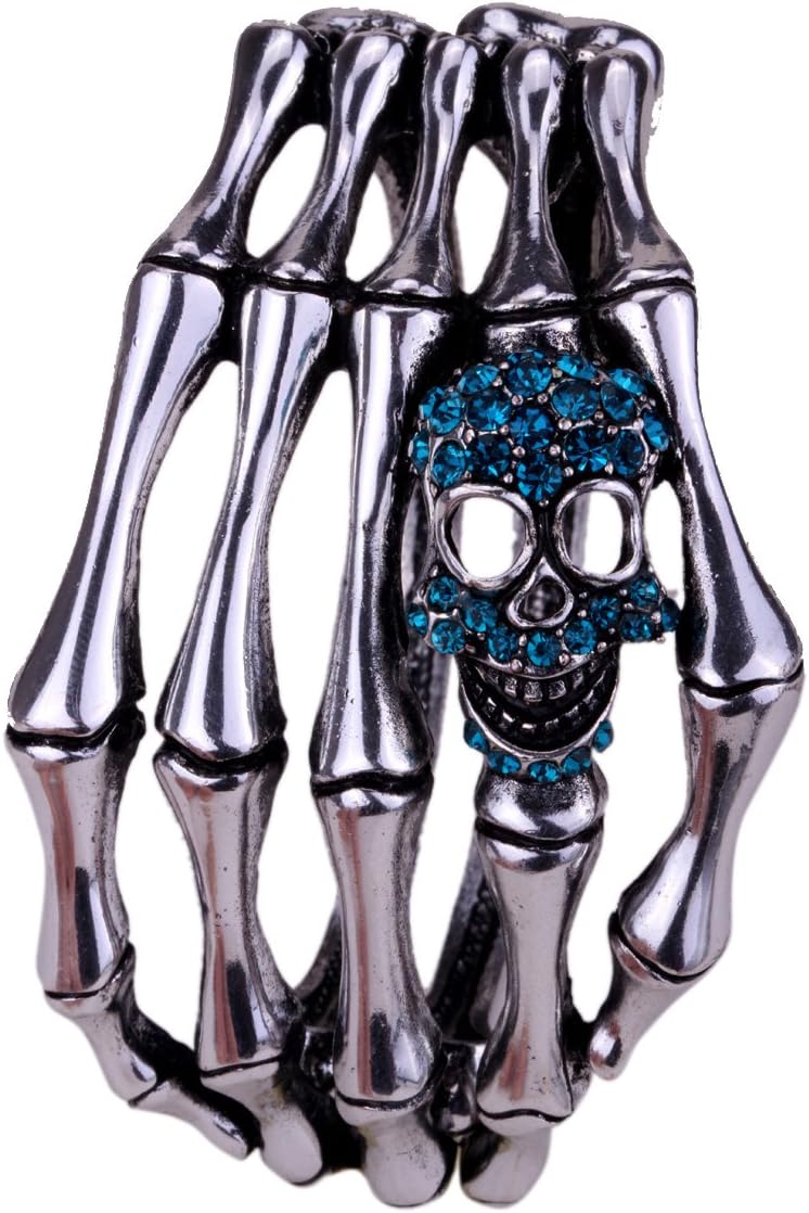 YACQ Women's Skull Skeleton Hand Hinged Bangle Bracelet Fit Wrist Size 7 to 8 Inch - Lead & Nickle Free - Women Girls Biker Jewelry - Halloween Costome Accessories