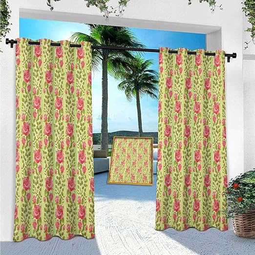 YUAZHOQI Floral Outdoor Curtains, Classical Pink Roses with Green