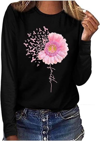 Amazon Com Womens Breast Cancer Tops Polo Shirts Symbol Flowers Printing Crew Neck Loose Pullover Sweatshirt Blouses Clothing