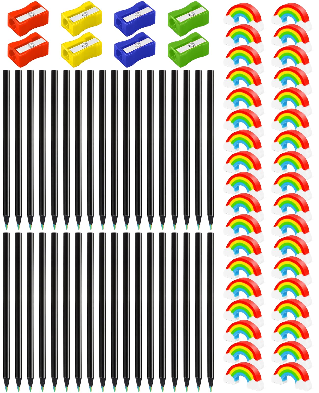 SEESUNO 80 Pieces Rainbow Art Supplies Kit with 36 Colouring Pencils, 36 Erasers & 8 Sharpeners, Art Set for Classroom School, Birthday Party Gifts