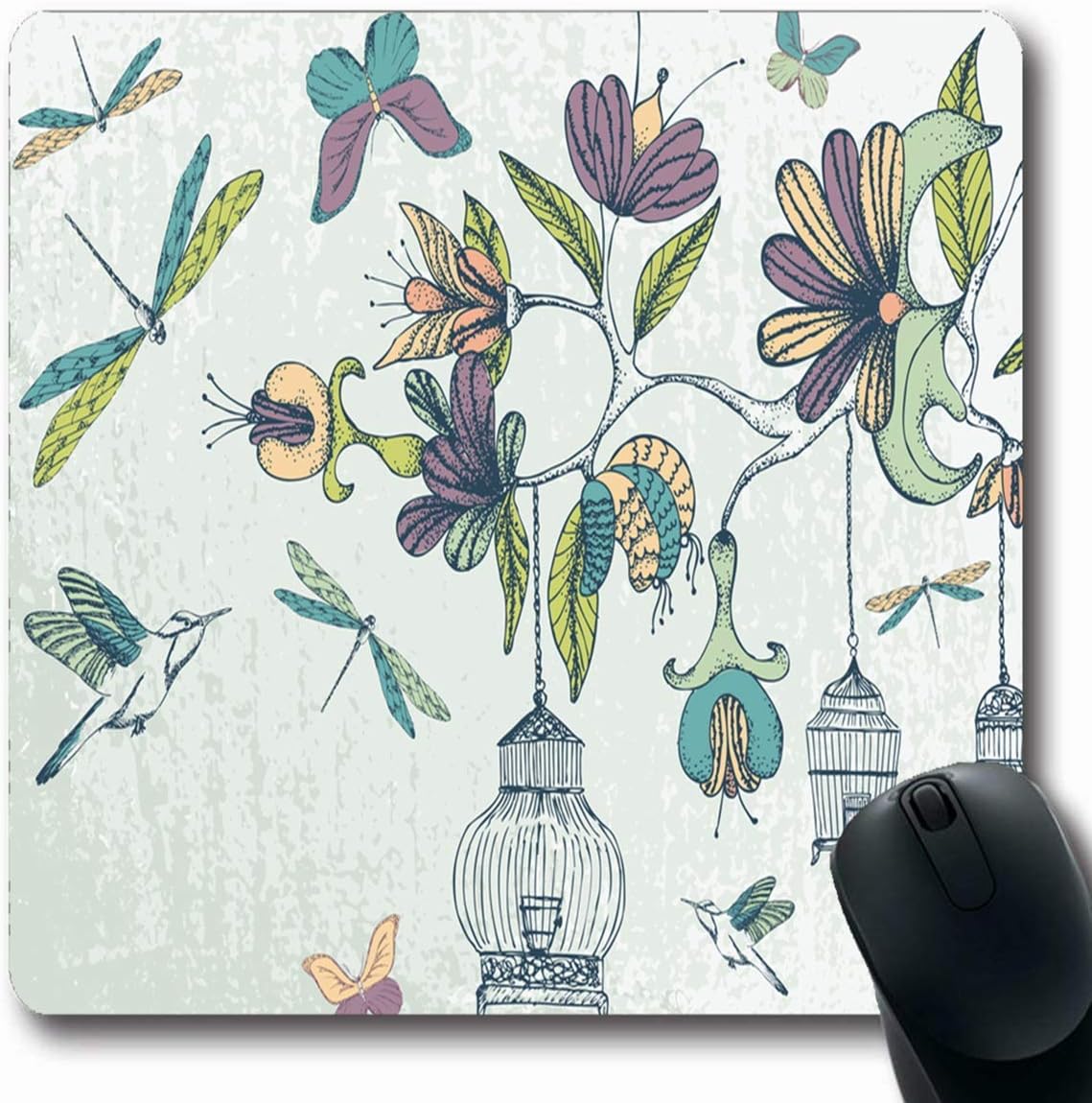 Luancrop Mousepad Flor Handdrawn Floral Jaulas de pájaros Naturaleza