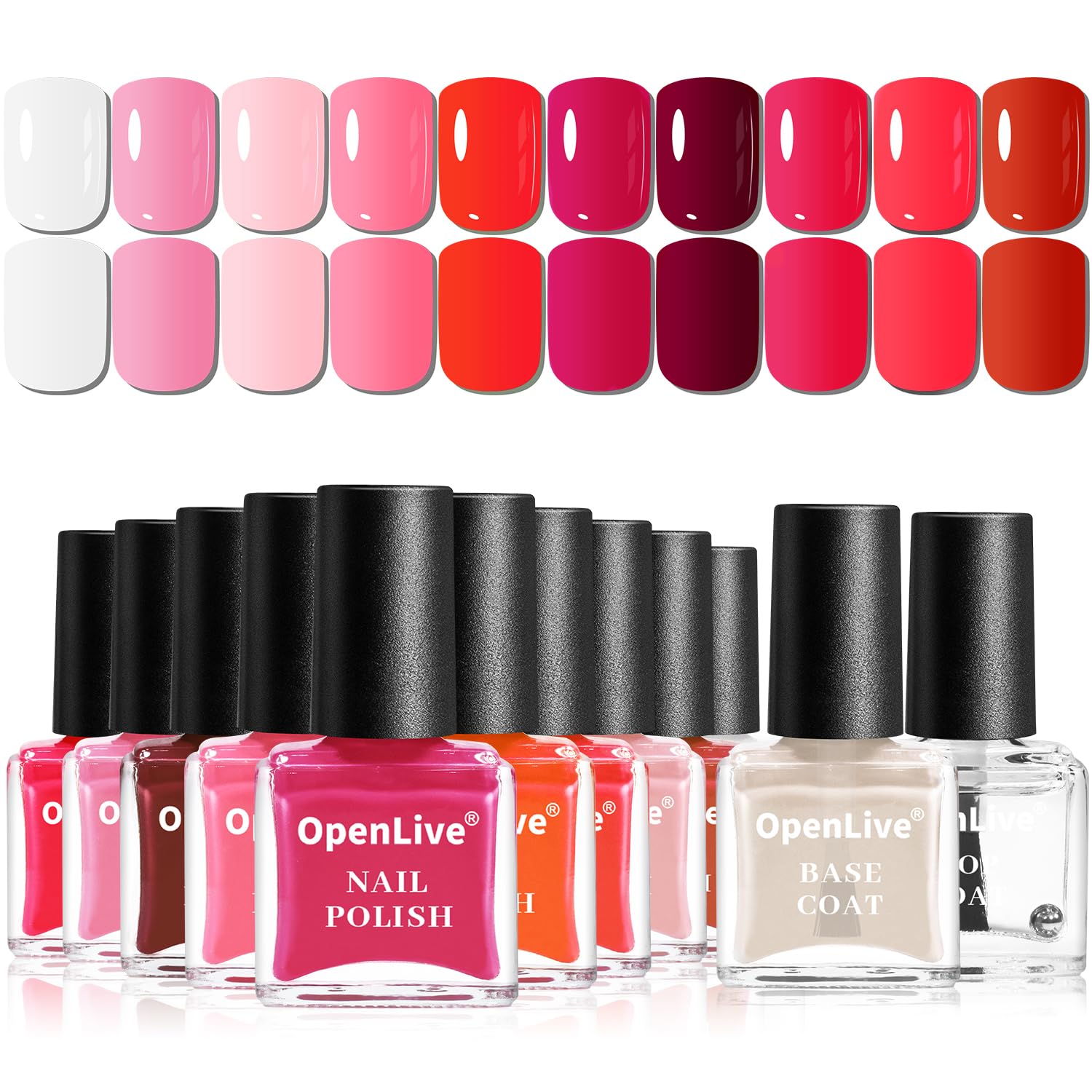 Photo 1 of OpenLive 12 PCS Pink Nail Polish Set With 10 Colour Combo, 2 PCS Base and Top Coat, Fast Drying Long Lasting Nail Polish for Holiday Gift Giving