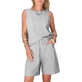 EXLURA Womens 100% Cotton 2 Piece Striped Outfits Sleeveless Tank Tops and Matching Bermuda Shorts 2026 Casual Beach Vacation