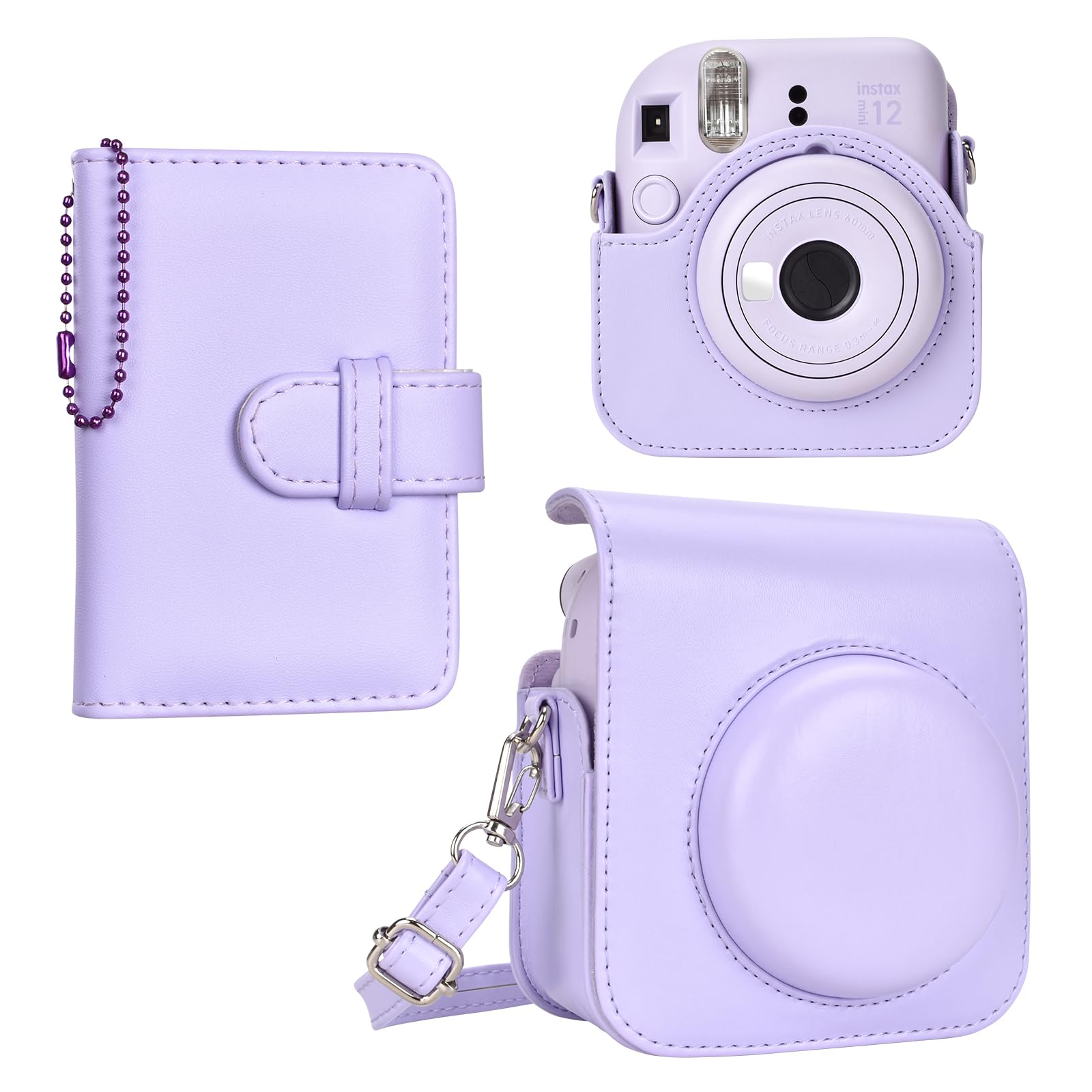 HIYQIN Fuji Instax Mini 12 Case and Album, Elegant PU Leather Protective Case for Instax Mini 12 Camera, Carrying Bag with Photo Pocket, Key-Chain Photo Album and Shoulder Strap - Lilac Purple