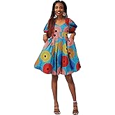 HongyuAmy Women African Floral Print V Neck Dresses Ankara Lantern Sleeves Short Dress