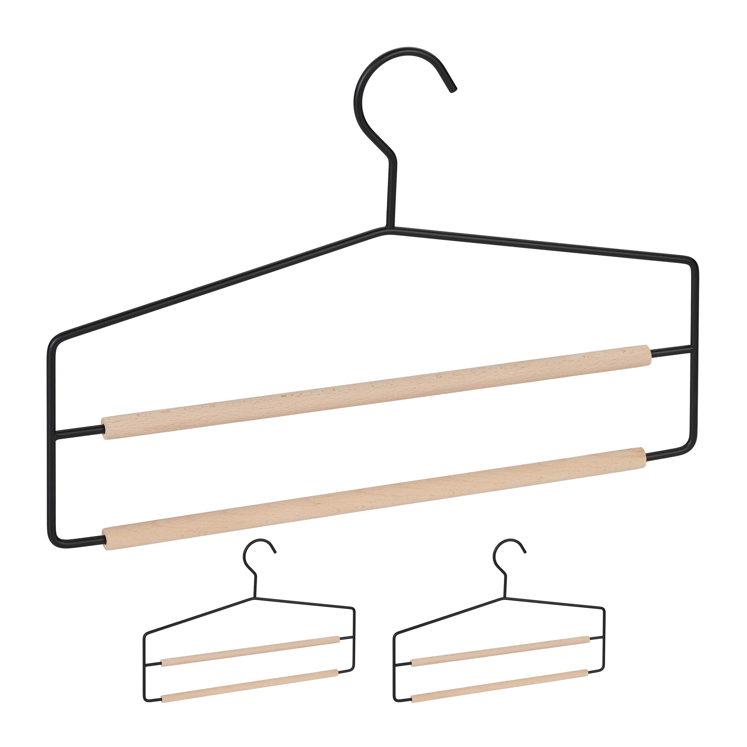 Relaxdays Space-Saver Double Trouser Hangers, Pack of 3, Pants & Jeans Organiser, No-Slip, Wood/Metal, Black/Natural