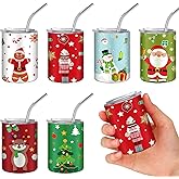 Roshtia 6 Pcs 3oz Christmas Mini Tumblers Shot Glass with Straw Christmas Stainless Steel Tumblers Double Wall Vacuum Insulated Cups for Drink Coffee Cocoa Cocktail Xmas Party Supplies Gifts