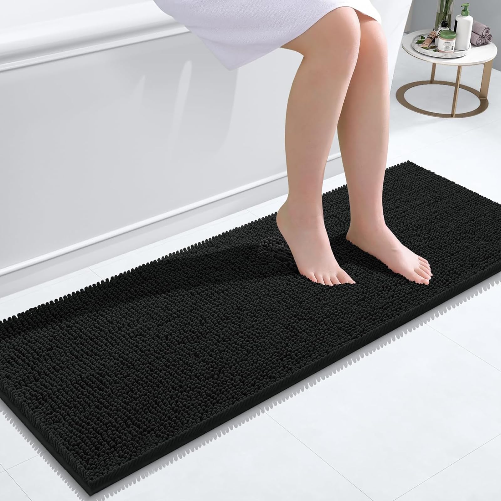 smiry Chenille Bath Mat, 40 x 120 cm, Non-Slip Super Absorbent Bathroom Mat Extra Soft Fluffy Bath Mats for Bathroom Thick Machine Washable Floor Mats Rugs Runner, Black