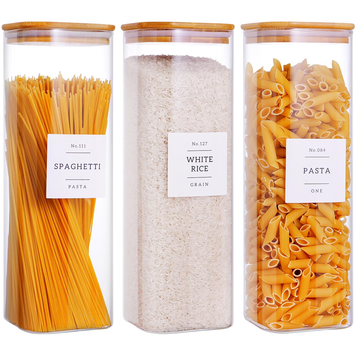 Photo 1 of ***1 piece missing*** CZZGSM 3 Pack Square Glass Kitchen Storage Jars with Airtight Bamboo Lids and 132 Pantry Labels - 80oz Glass Canisters with Wood Lids - Glass Food Storage Containers for Spaghetti, Pasta, Fettuccine