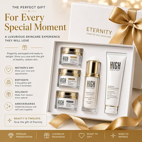 HIGH COSMETIC AGENCY ETERNITY 5-STEP ANTI-AGING SKINCARE SET – COMPLETE FACE CARE ROUTINE WITH CLEANSER, WRINKLE CORRECTING SERUM, EYE CREAM, DAY CREAM SPF 30 & NIGHT CREAM | LUXURY SKINCARE GIFT SET