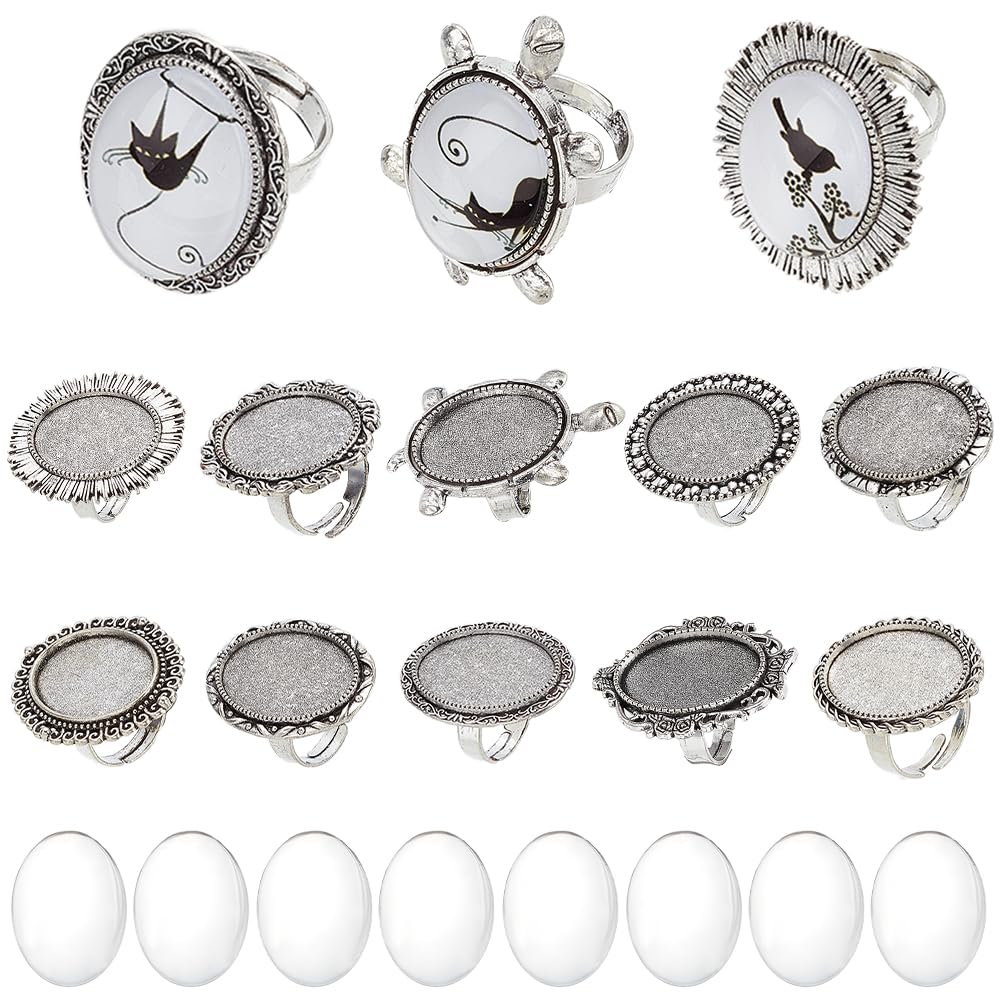 SUNNYCLUE 10Pcs Cabochon Ring Settings Glass Cabochon Rings Adjustable Ring Blank Setting Vintage Clear Glass Cabochons Owl Turtle Oval Blank Finger Ring Base for jewellery Making Kits Women DIY Craft
