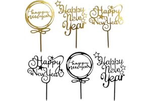 RIGHTA TECH 6pcs Happy New Year Cake Toppers,New Years Eve Party Supplies 2026,Gold Black New Years Eve Cake Topper Decorations Star New Year Cake Toppers for New Year's Eve Holidays Party Decorations