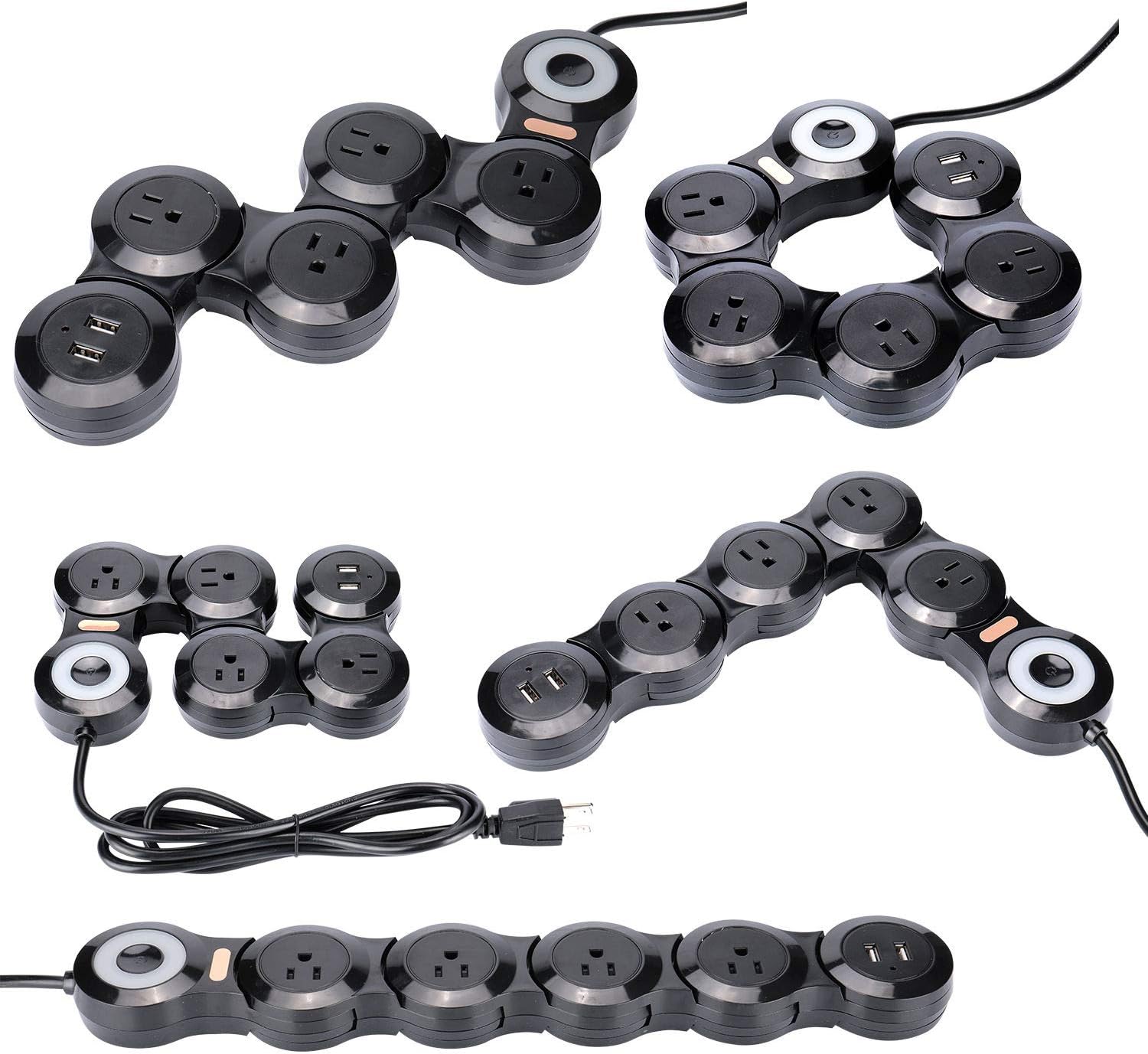 HLS Black Transformer Surge Protector Multi-outlets Rotating in 180°Flexibly 4-Outlet Power Strip with 2 USB Ports Extension Cord flat plug