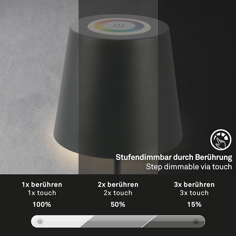 - Lampe de table LED sans fil avec touche, lumière colorée RGB+W, hauteur réglable, lampe LED, lampe de camping, lampe de table, lampe à accu, Outdoor, 36x10,5 cm, anthracite