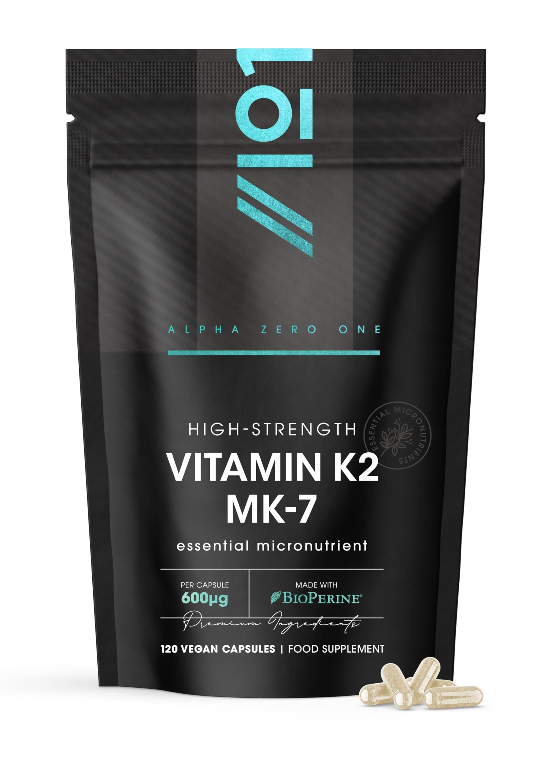 Vitamin K2 MK-7 600mcg - 120 Vegan Capsules - Fermented Natto Based Vegan Vitamin K - Supports Bone Health – Resealable and Recyclable Pouch by Alpha01