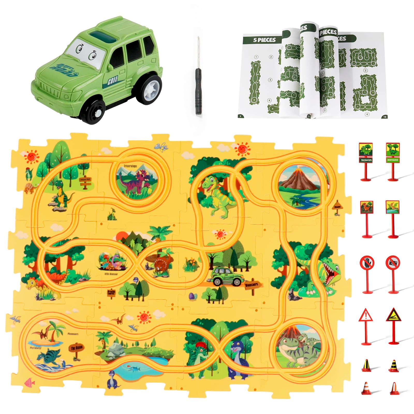 Puzzle Track with Vehicle Playset for Kid Age 3-6, Dinosaur Puzzle with Rail Car Educational Toy Racer Car with Slot Track and Dino Puzzle Gift for Boy Gril 3 4 5 6