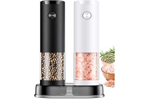 IOION Electric Salt and Pepper Grinder Set Automatic Battery Pepper Mill Shakers Adjustable Coarseness Easy Filling Upgraded Larger Capacity with Led (2 Pack Black/White）