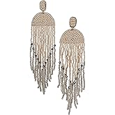 SPUNKYsoul Handmade Beaded Boho Earrings, Ombre Mixed Metallic Seed Bead Long Fringe Statement Earrings, Jewelry for the Modern Bohemian Women (IVORY & SILVER)