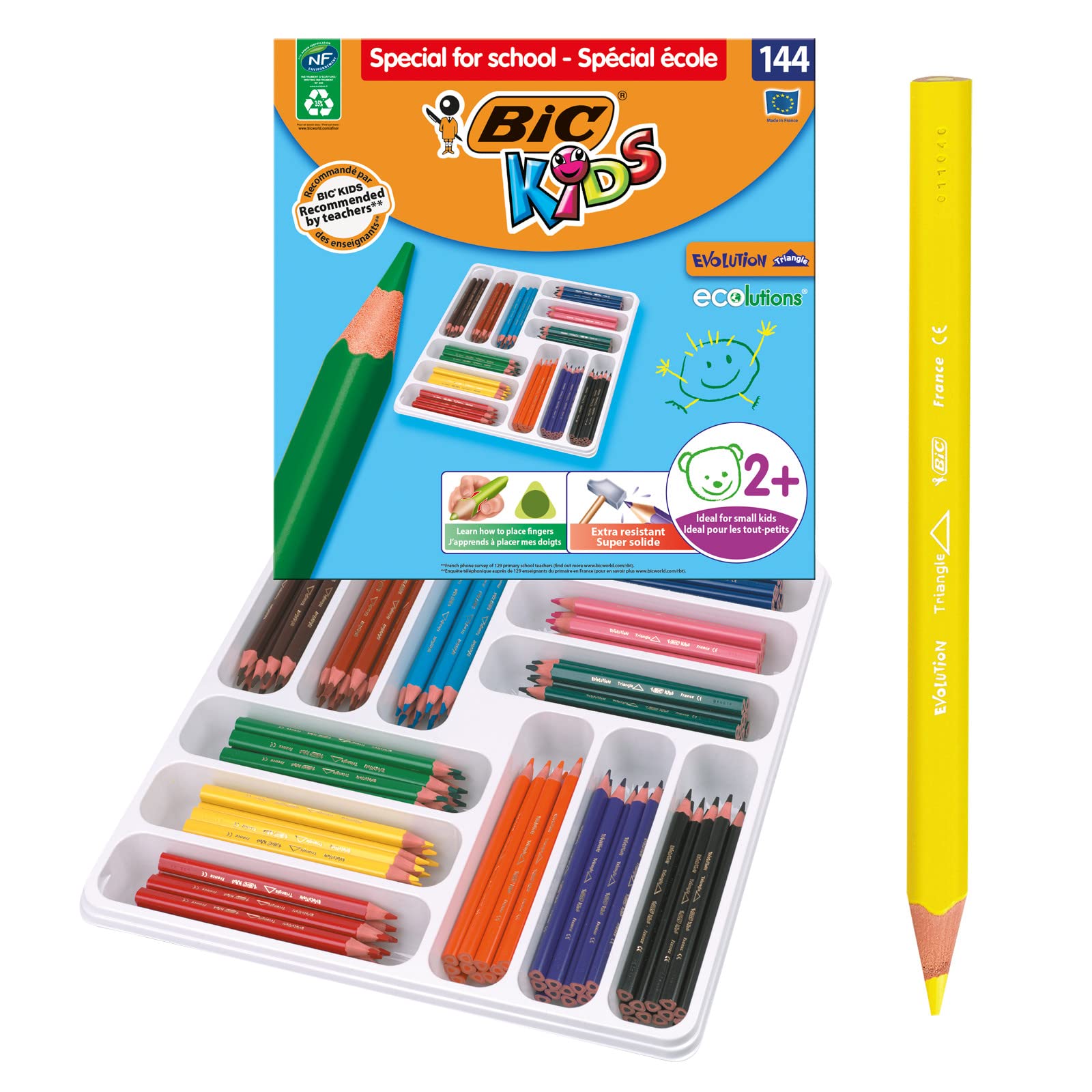BIC Kids Evolution Triangle Coloured Pencils, Colouring Pencils Ideal for Small Kids 2 Years and Up to Place Fingers, Extra Resistant BIC Pencils, School Supplies, 144 Pack
