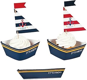 Fun Express Nautical Baby Boy Shower Cupcake Collars and Picks Decoration Set - 50 Units