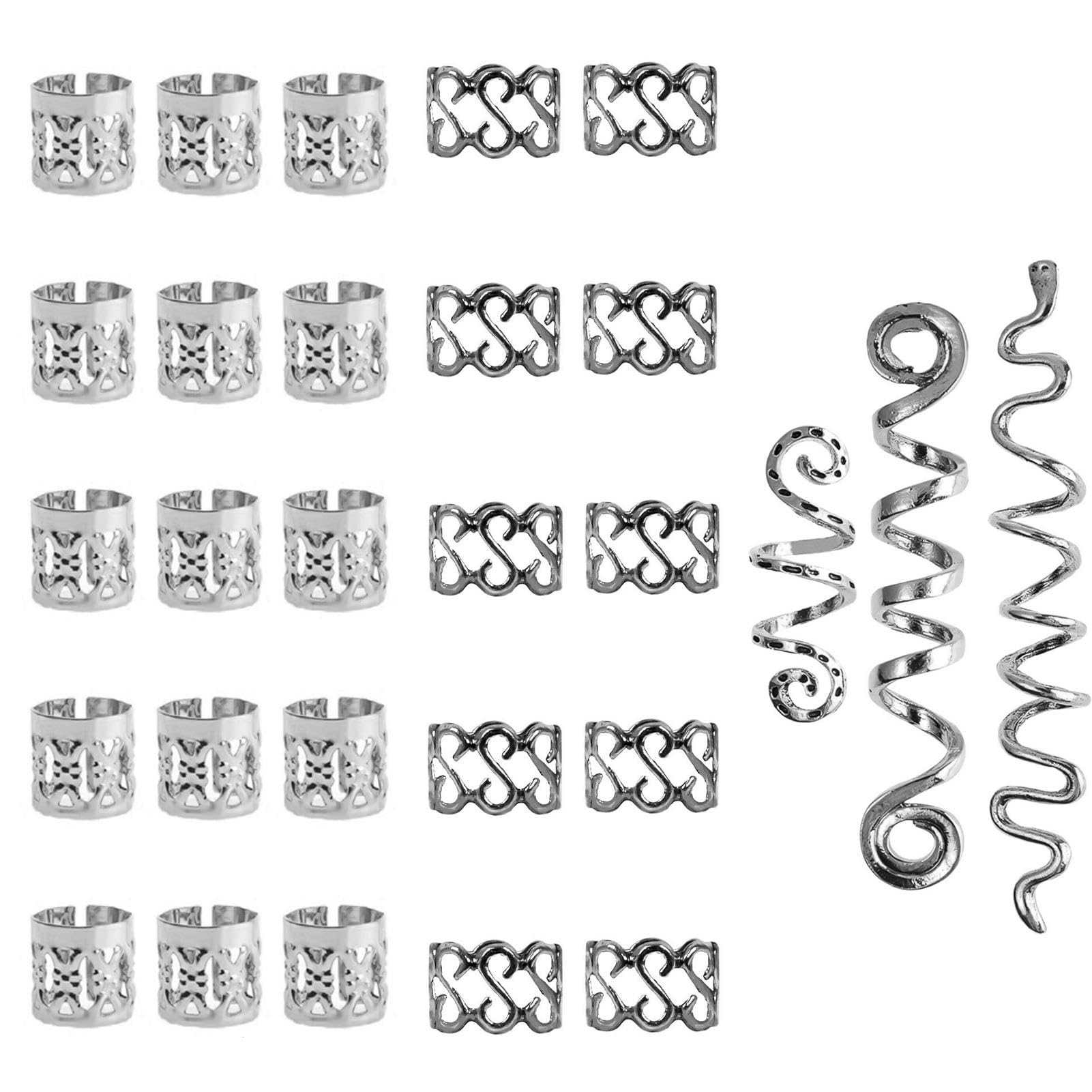 28Pcs Aluminum Spiral Dreadlocks Adjustable Hair Jewelry - Metal Cuffs, Rings, Clips, Beads for Braids - Gold Accessories for Decoration (Silver)