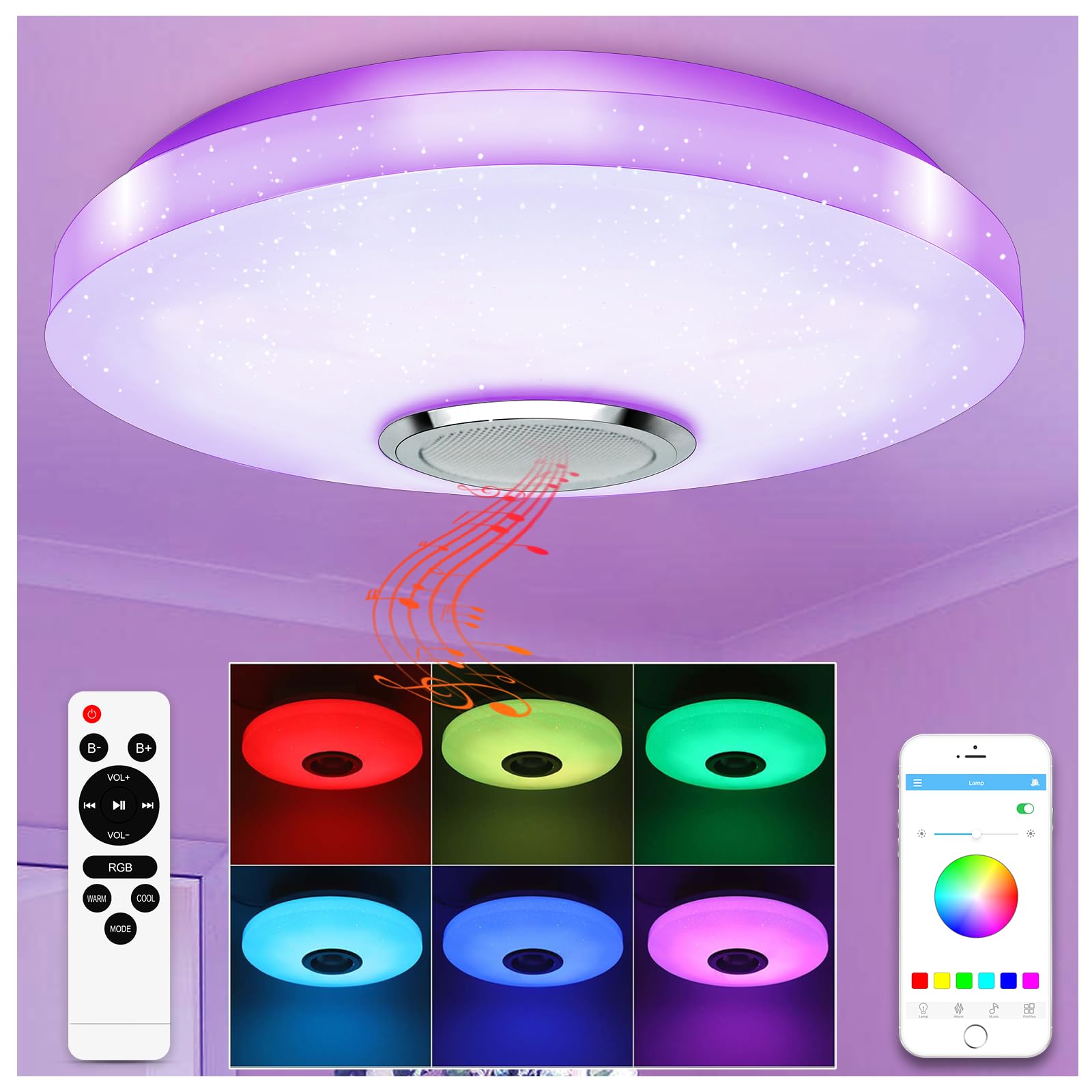 LED Ceiling Light with Bluetooth Speaker 36W Music RGB Brightness Dimmable Color Changing Cool/Warm White Ceiling Lamp with Remote Control and App, Family Party Ceiling Lights for Bedroom Kids Room