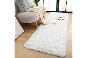 Terrug White Fluffy Runner Rug for Bedroom, 2x6 Ft Cute Shag Area Rugs for Hallway, Soft Machine Washable Plush Carpet with Non Slip Backing for Bathroom Bedside Kitchen Floor Decoration