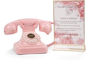 FiayaCom Audio Guest Book Wedding Phone,32GB Memory Record Customized Audio Messages, Volume Adjustable, Suitable for All Kinds of Party (Pink + Sign)