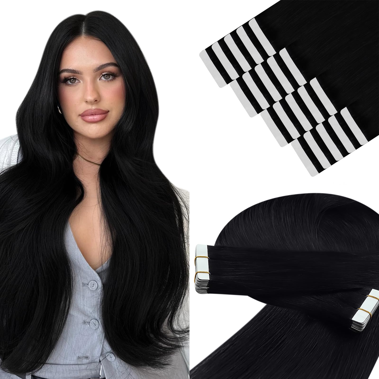 YoungSee Tape in Hair Extensions Real Human Hair Jet Black Tape Extensions Human Hair for Long Hair Tapes Extension Black Women 24 Inch 20pcs 50g