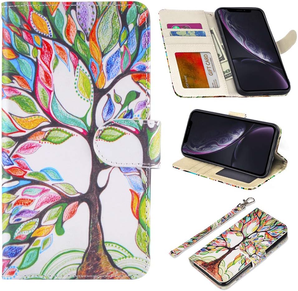 RusseryPek iPhone XR Case Wallet Folio Flip Premium PU Leather Cover with Card Holder Slot Pockets,Wrist Strap,Kickstand,Magnetic Closure for iPhone XR 6.1 inch (2018),Love Tree