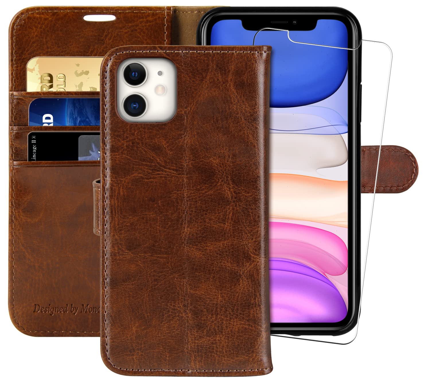 MONASAY Wallet Case for iPhone 11,6.1inch, [Glass Screen Protector Included][RFID Blocking] Flip Folio Leather Cell Phone Cover with Credit Card Holder for iPhone 11,Brown