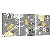 FuShvre Yellow Birds Canvas Art Yellow and Grey Wall Decor Bird Flower Painting Picture Artwork for Kitchen Bedroom Framed