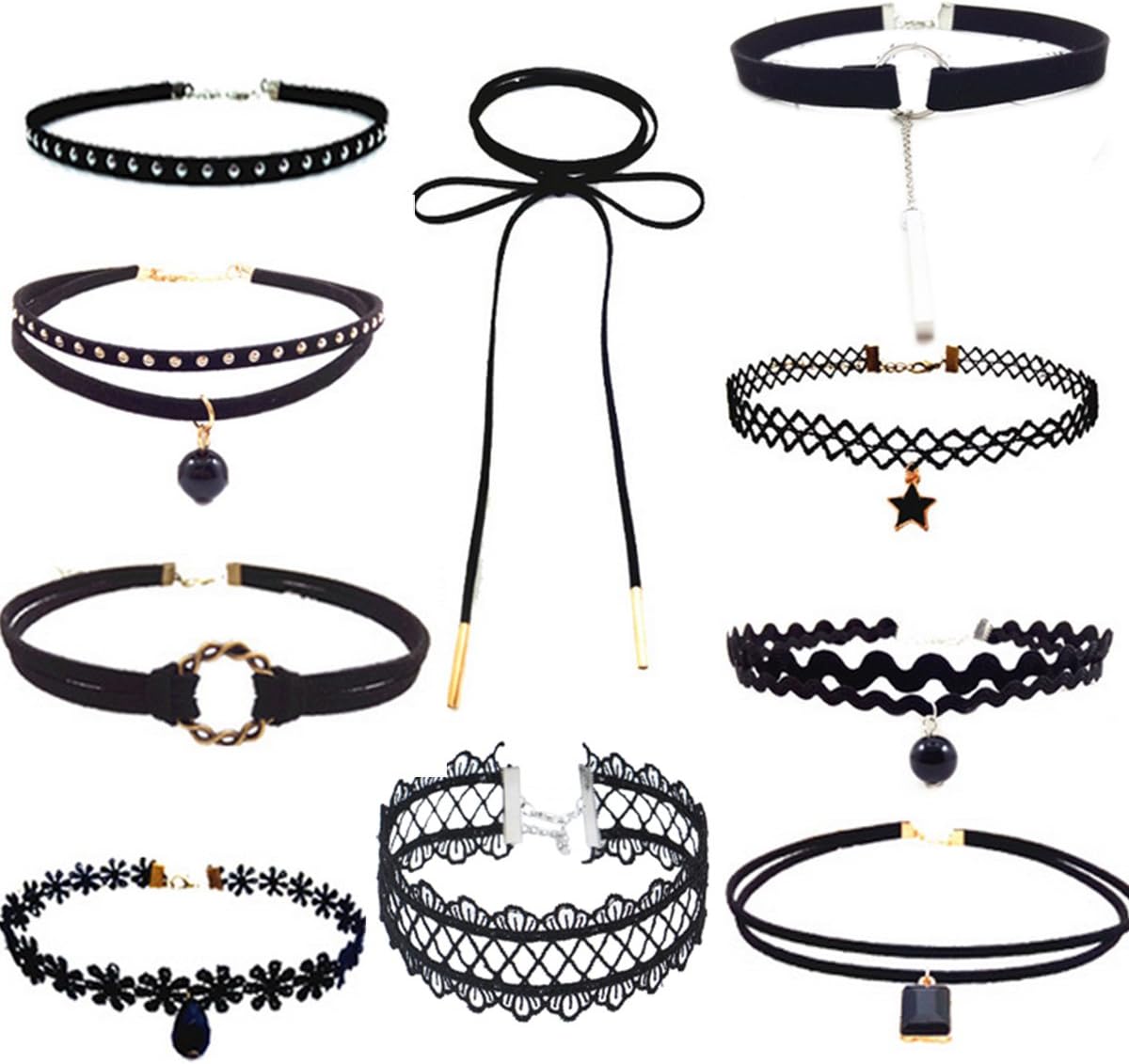 10 PCS Womens Black Velvet Choker Necklace Collar for Girls Made of Lace or Flannelette Selectable