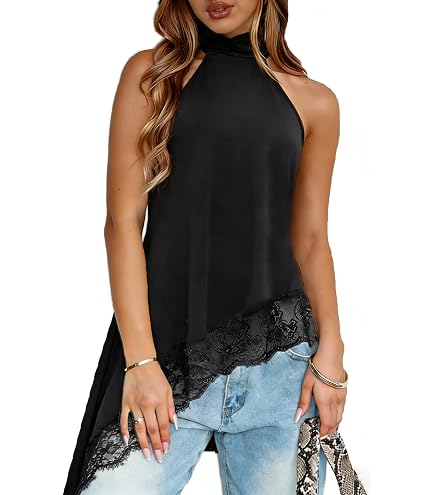 Women Satin Halter Top Y2K Mock Neck Lace Trim Asymmetrical Hem