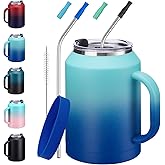50oz Insulated Mug Tumbler with Handle - Keep Cold-36h & Hot-24h, Stainless Steel Water Jug 50 oz Coffee Mugs with Straw & Spout Lid, Wide Mouth Metal Water Bottle Camping Flask Hospital Cup Travel