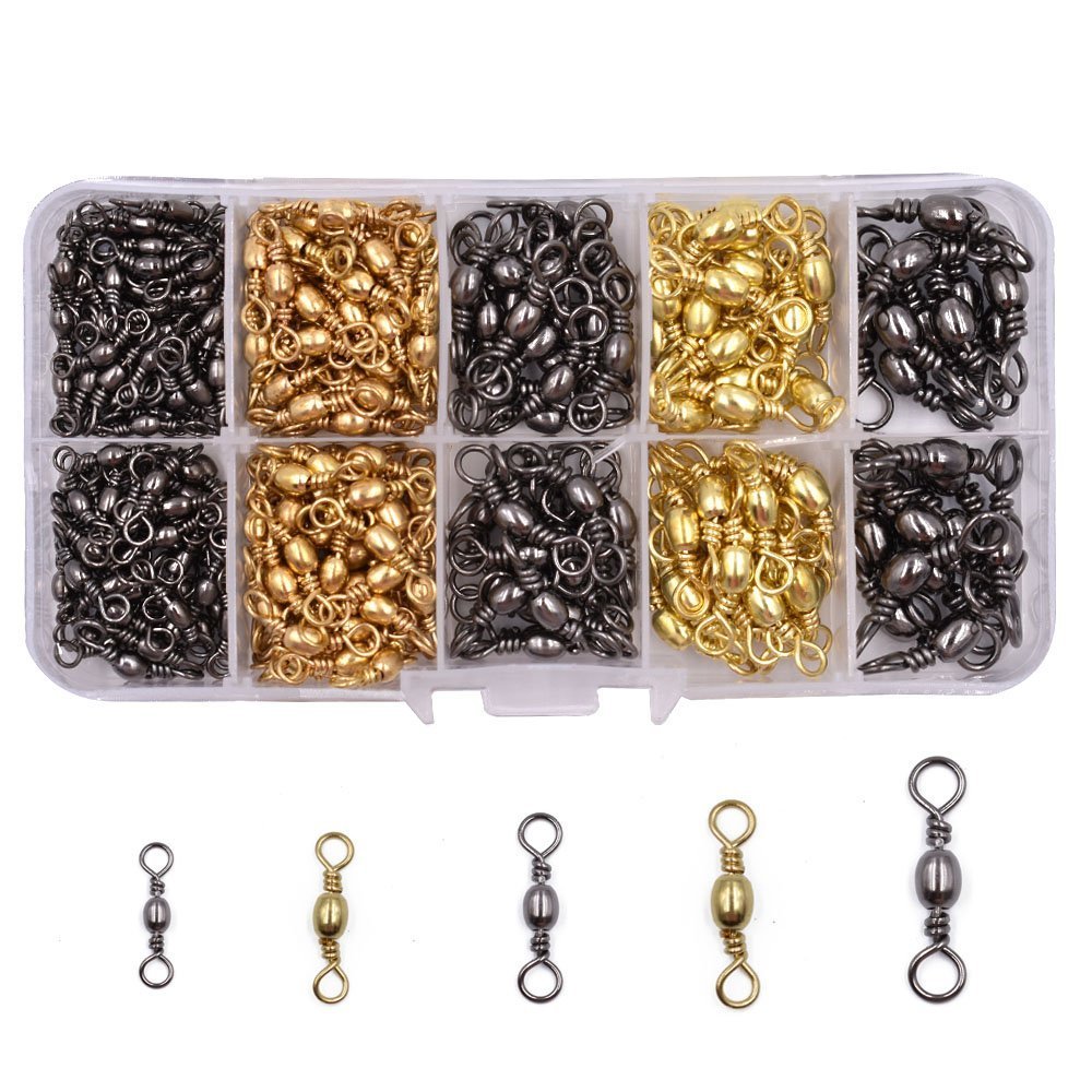 300pcs/Box Black & Golden Rolling Barrel Swivel with Different Sizes Fishing Hook to Line Connectors (300pcs Barrel Swivel Set)