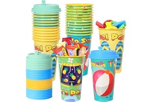 FZR Legend Beach Party Favors Goodie Cups, 24 Pack Birthday Party Cups in 4 Designs, 16OZ Reusable Beach Ball Pool Summer Plastic Party Supplies Decorations Cups with Lids Plugs for Kids Baby Shower