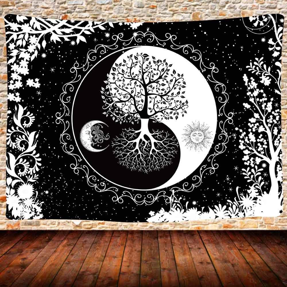 Sun and Moon Tapestry,Mandala Black and White Wall Hanging Yin Yang Tree of Life Tapestry,80X60 Inches Bedroom Dorm Home Decor GTQQUH666
