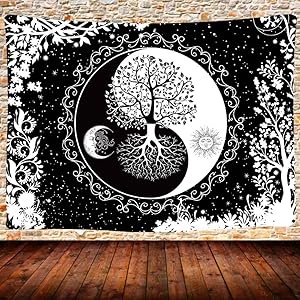 Sun and Moon Tapestry,Mandala Black and White Wall Hanging Yin Yang Tree of Life Tapestry,80X60 Inches Bedroom Dorm Home Decor GTQQUH666