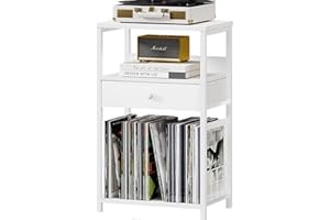 BOLUO White Record Player Stand with Vinyl Storage,Turntable Stand with Drawer,Small Record Player Table Vinyl Record Holder for Living Room CD Storage