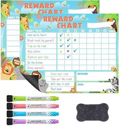 Thboxes 2 Packs Magnetic Reward Charts for Children 25.5x20.5 cm Cute Animals